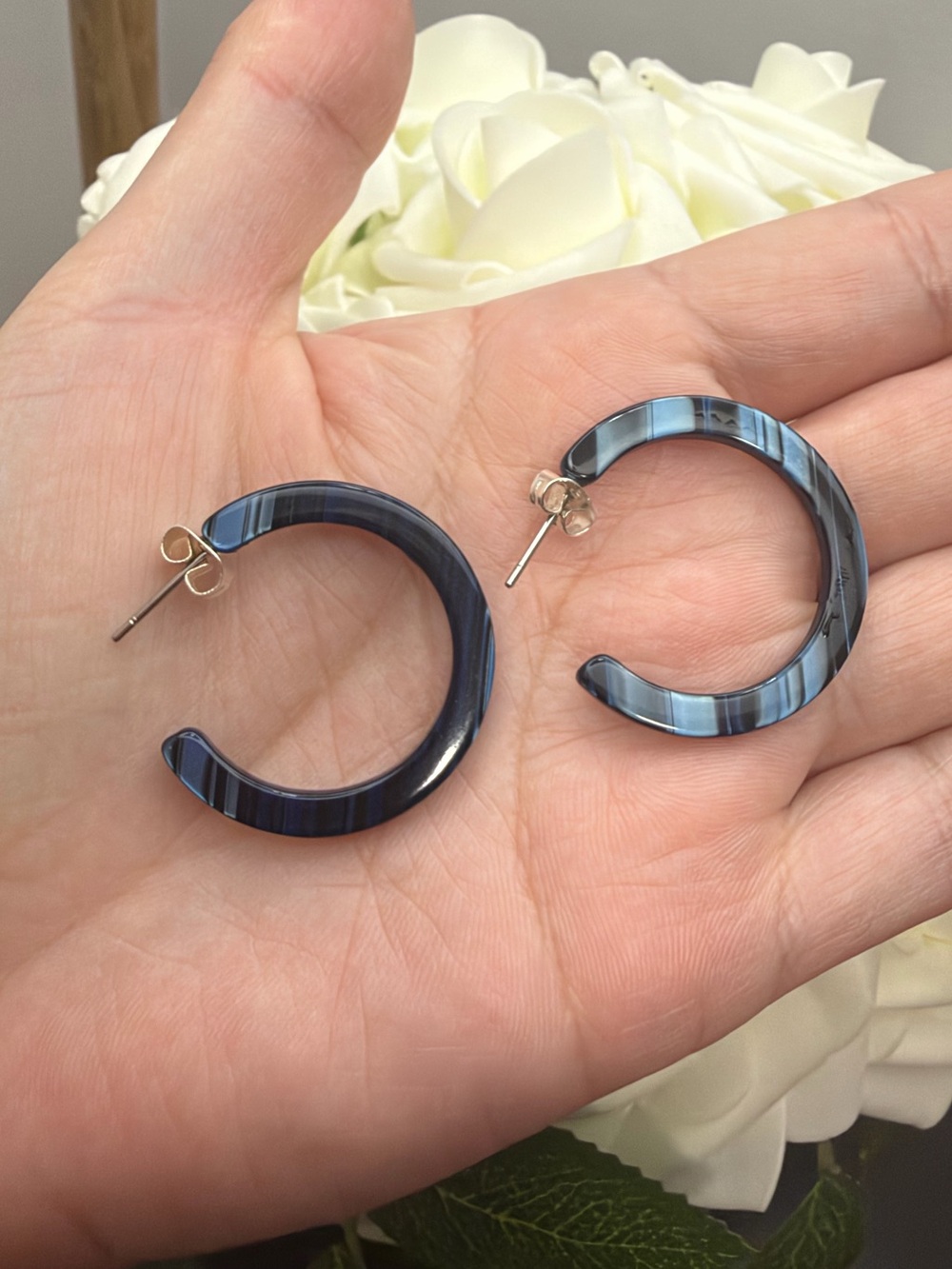 Blue Striped Resin Hoop Earrings - Women Jewelry